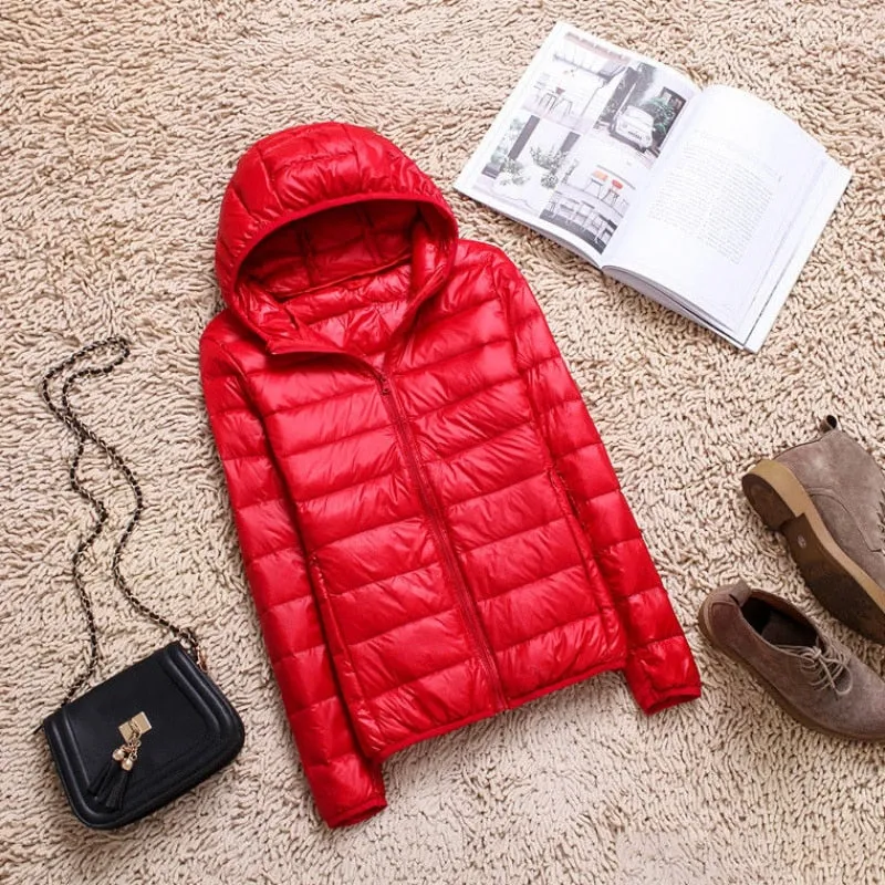 90% Ultra-light Plus Size Thin Down Jacket Slim Short Hooded Warm White Duck Down Coat