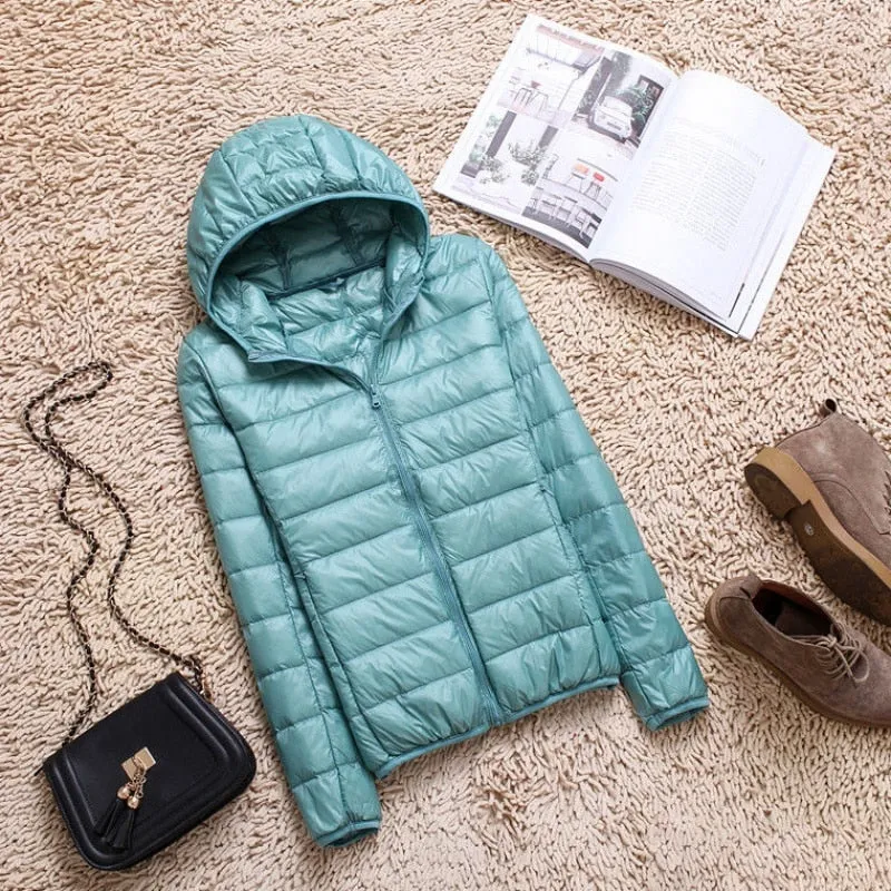 90% Ultra-light Plus Size Thin Down Jacket Slim Short Hooded Warm White Duck Down Coat