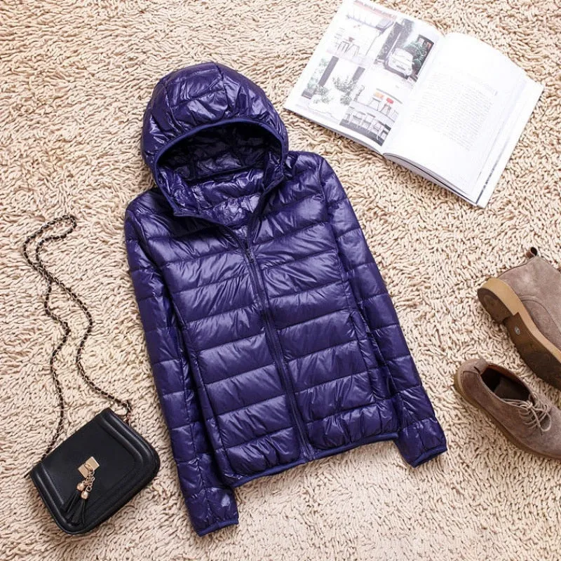 90% Ultra-light Plus Size Thin Down Jacket Slim Short Hooded Warm White Duck Down Coat