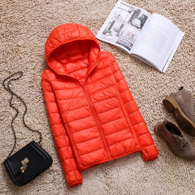 90% Ultra-light Plus Size Thin Down Jacket Slim Short Hooded Warm White Duck Down Coat
