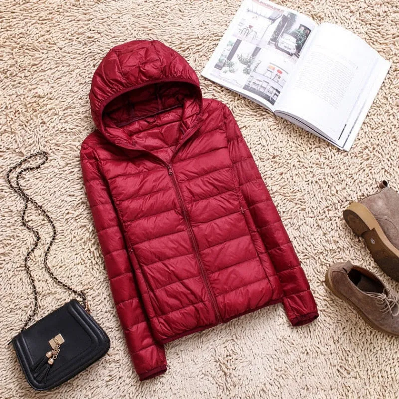 90% Ultra-light Plus Size Thin Down Jacket Slim Short Hooded Warm White Duck Down Coat