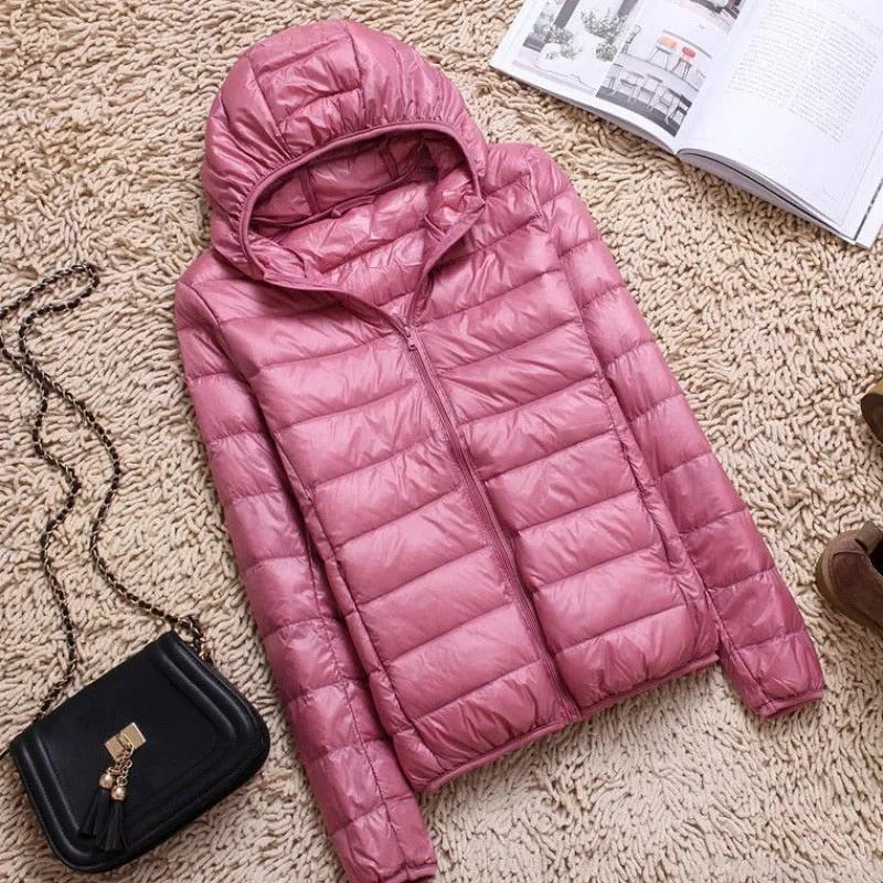 90% Ultra-light Plus Size Thin Down Jacket Slim Short Hooded Warm White Duck Down Coat