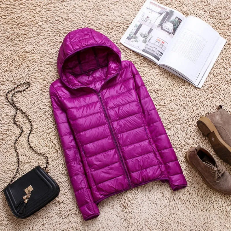 90% Ultra-light Plus Size Thin Down Jacket Slim Short Hooded Warm White Duck Down Coat