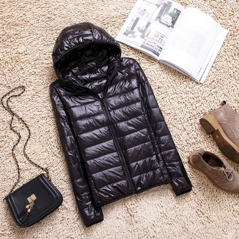 90% Ultra-light Plus Size Thin Down Jacket Slim Short Hooded Warm White Duck Down Coat