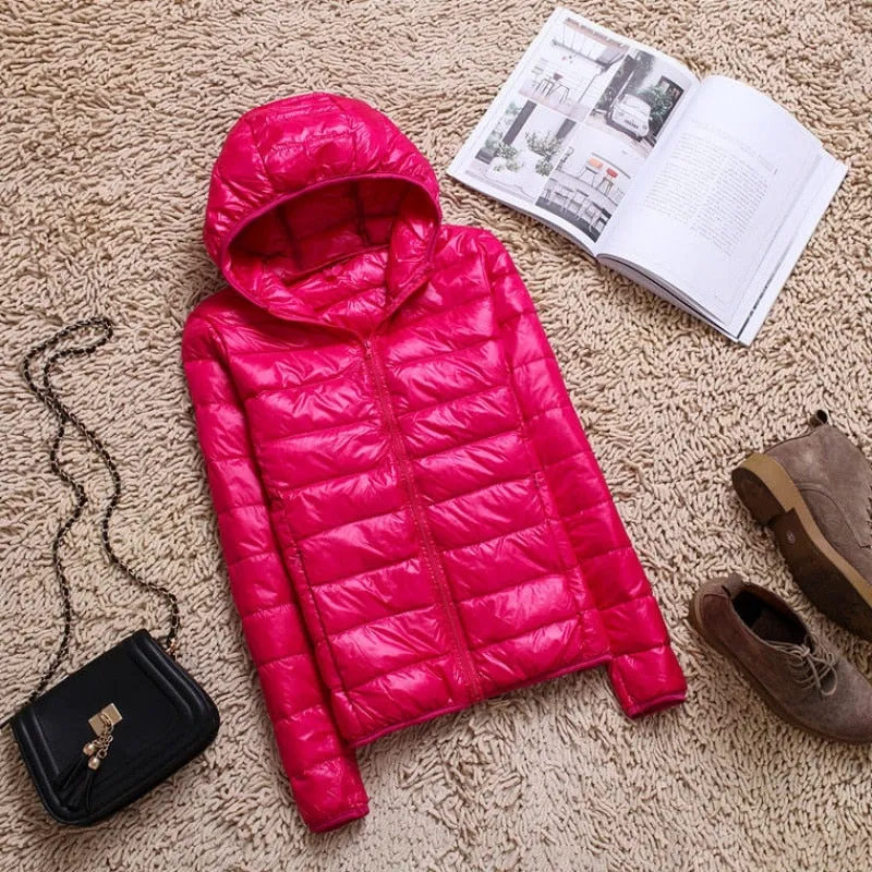 90% Ultra-light Plus Size Thin Down Jacket Slim Short Hooded Warm White Duck Down Coat