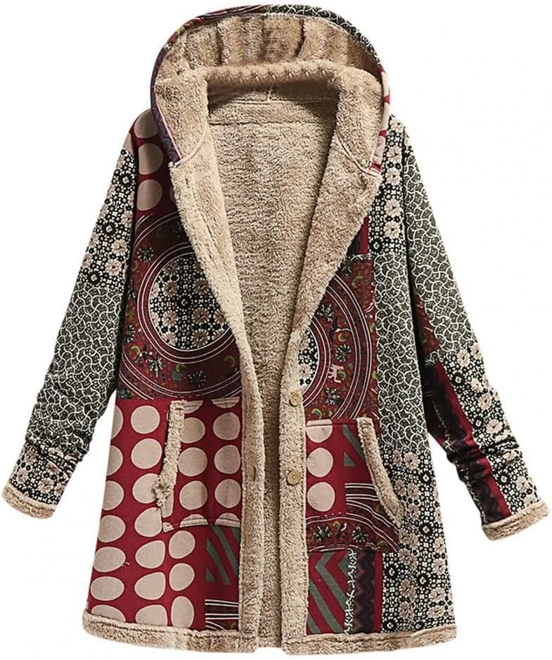 Akivide Women's Winter Ethnic Style Patchwork Sherpa Fleece Lined Hooded Jacket Plus Size Fluffy Warm Outwear with Pockets