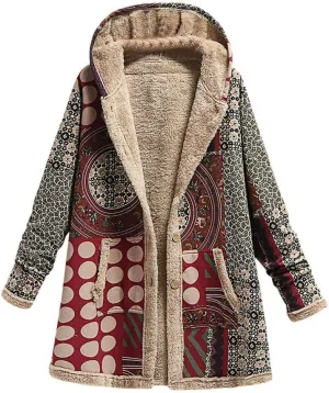 Akivide Women's Winter Ethnic Style Patchwork Sherpa Fleece Lined Hooded Jacket Plus Size Fluffy Warm Outwear with Pockets