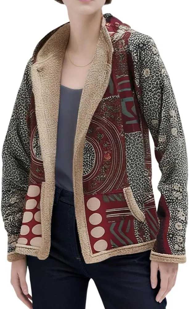 Akivide Women's Winter Ethnic Style Patchwork Sherpa Fleece Lined Hooded Jacket Plus Size Fluffy Warm Outwear with Pockets