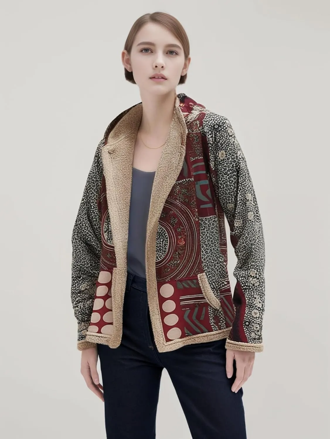 Akivide Women's Winter Ethnic Style Patchwork Sherpa Fleece Lined Hooded Jacket Plus Size Fluffy Warm Outwear with Pockets