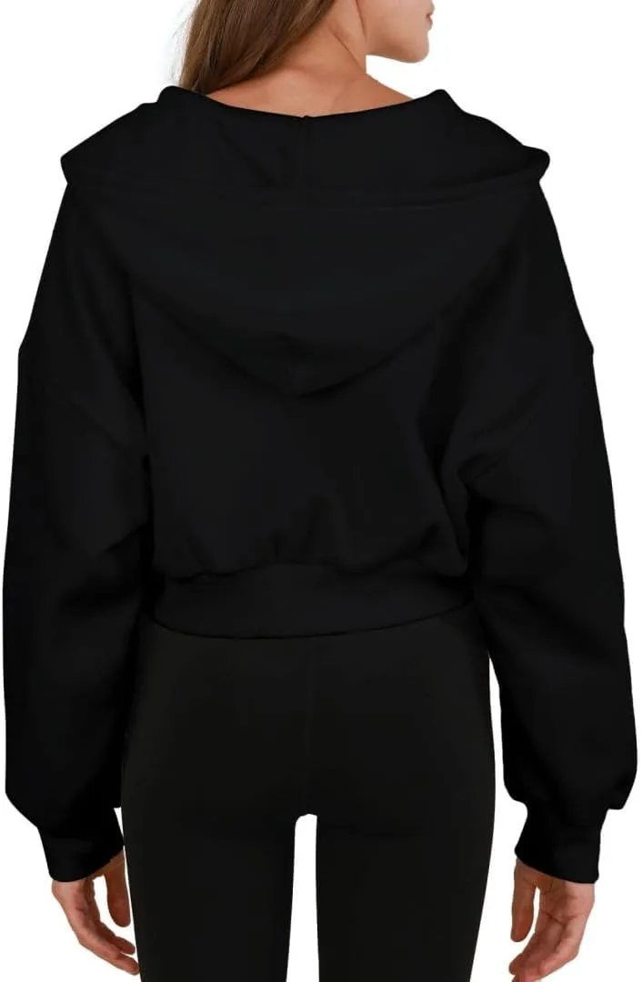 Amazhiyu Women's Cropped Zip-up Hoodies Fleece Long Sleeve Sweatshirt with Hood
