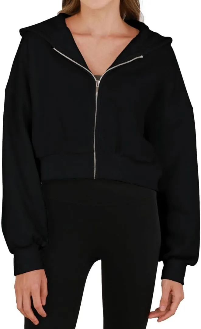 Amazhiyu Women's Cropped Zip-up Hoodies Fleece Long Sleeve Sweatshirt with Hood