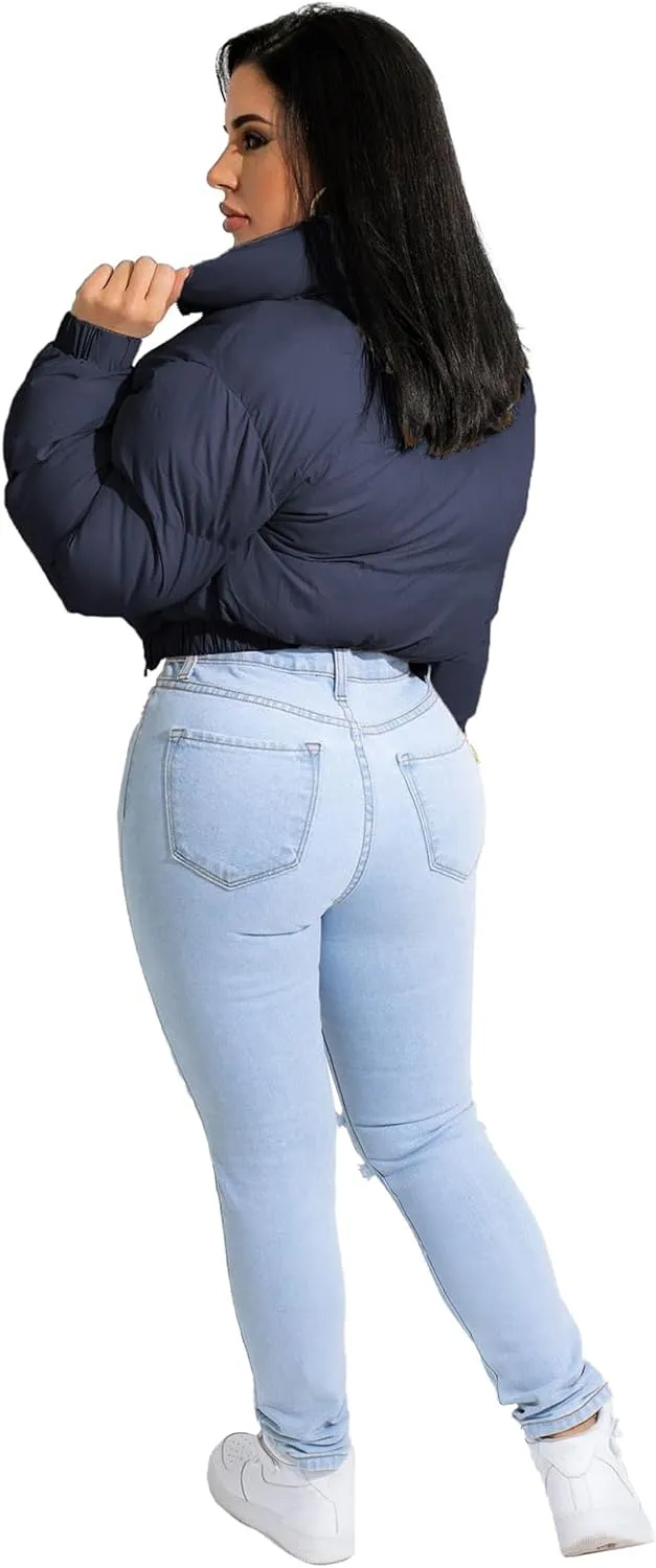 Angsuttc Puffer Jacket Womens Cropped Zip Up Padding Warm Quilted Jackets Winter Coats