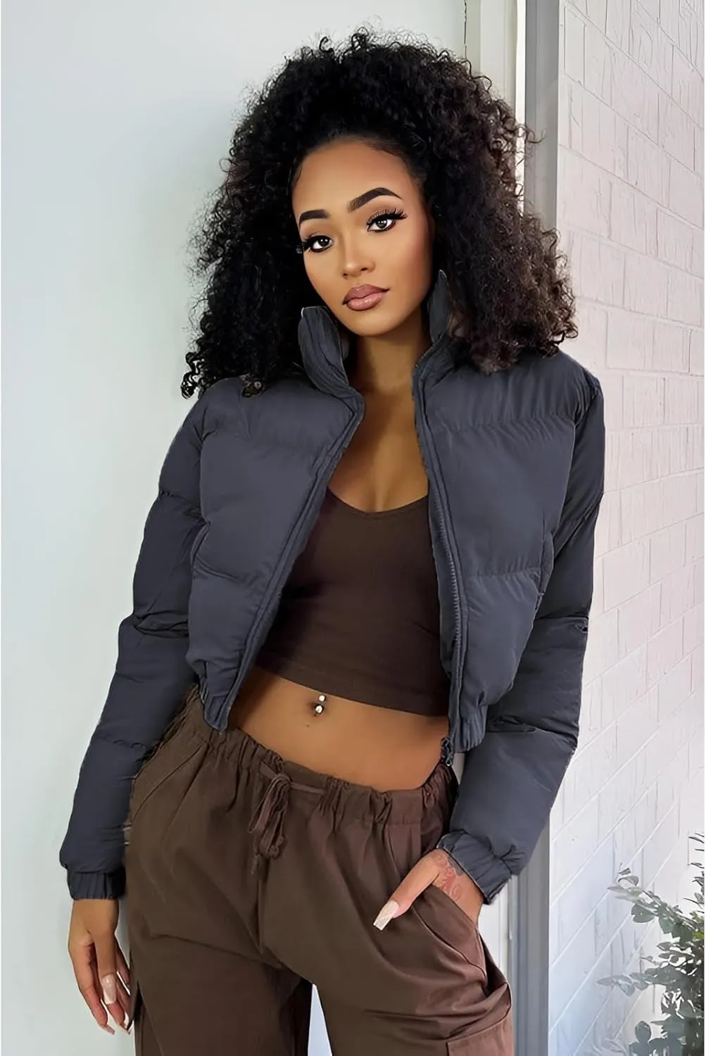Angsuttc Puffer Jacket Womens Cropped Zip Up Padding Warm Quilted Jackets Winter Coats