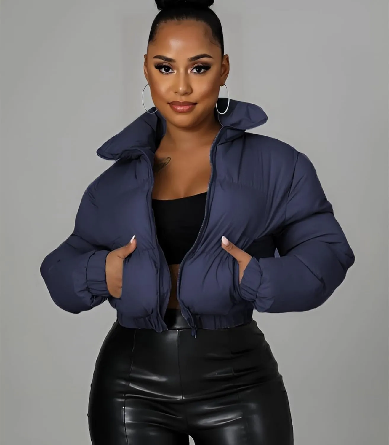 Angsuttc Puffer Jacket Womens Cropped Zip Up Padding Warm Quilted Jackets Winter Coats
