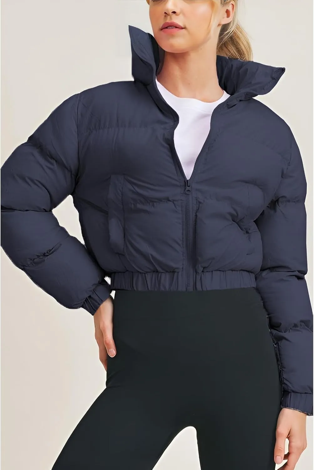Angsuttc Puffer Jacket Womens Cropped Zip Up Padding Warm Quilted Jackets Winter Coats
