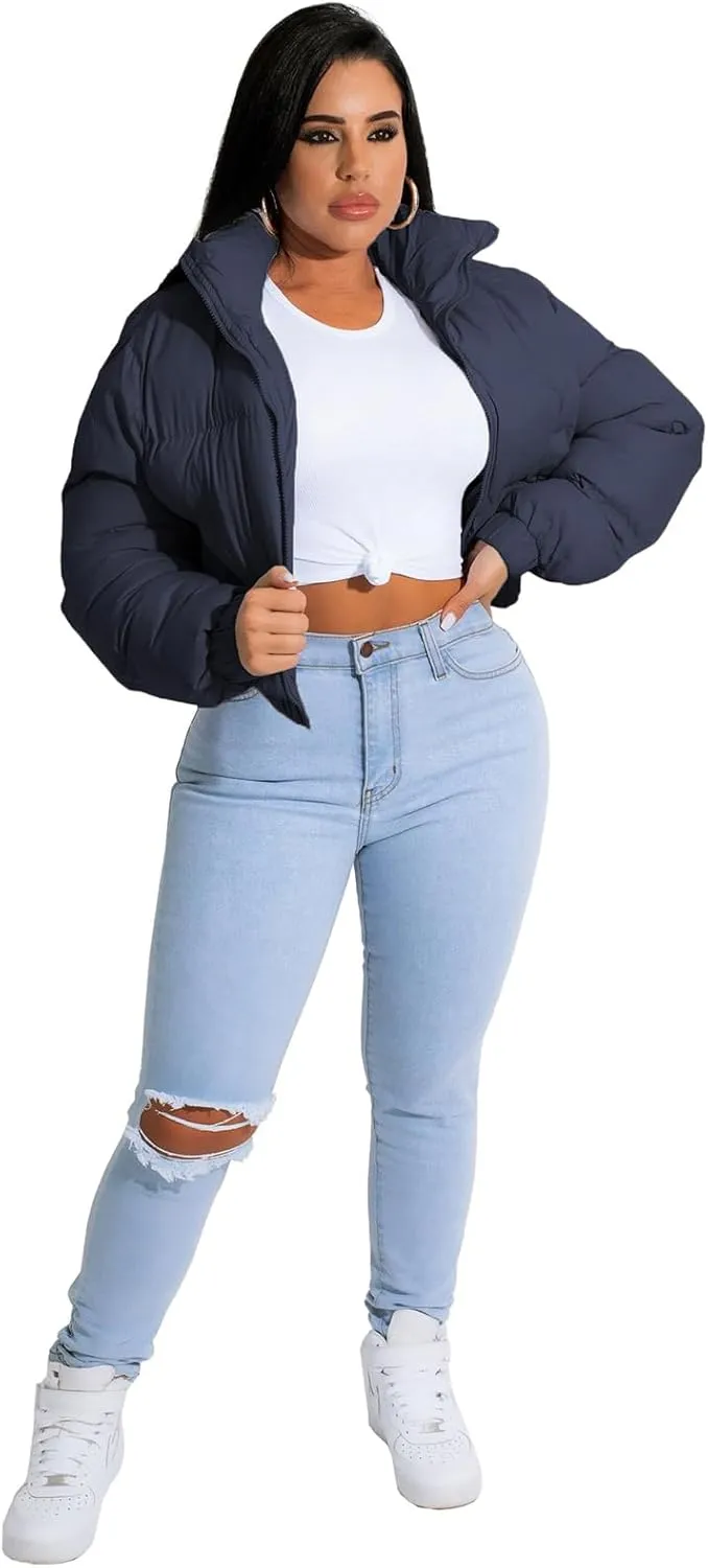 Angsuttc Puffer Jacket Womens Cropped Zip Up Padding Warm Quilted Jackets Winter Coats