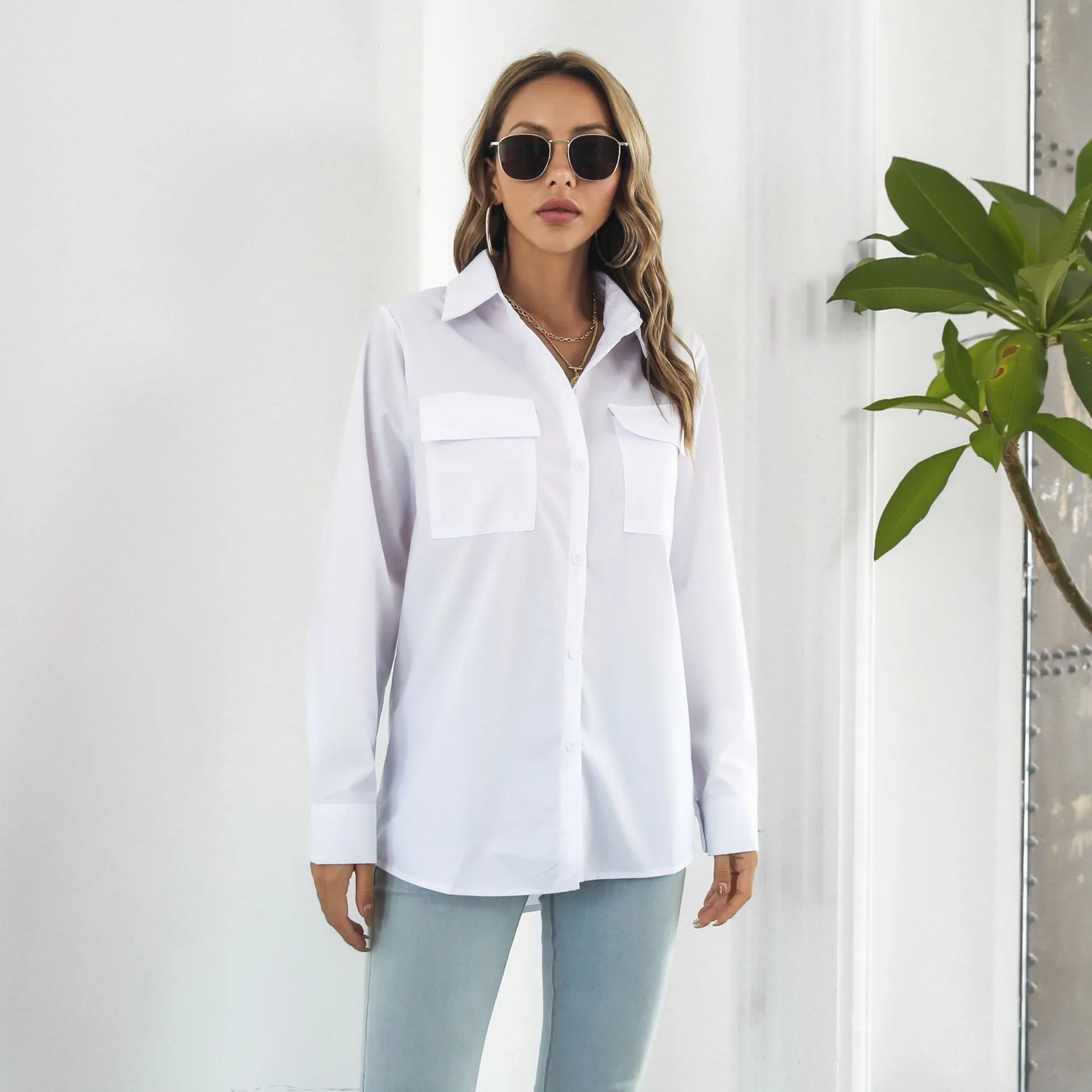 Asymmetrical Turn Down Collar Button Up With breast Pockets