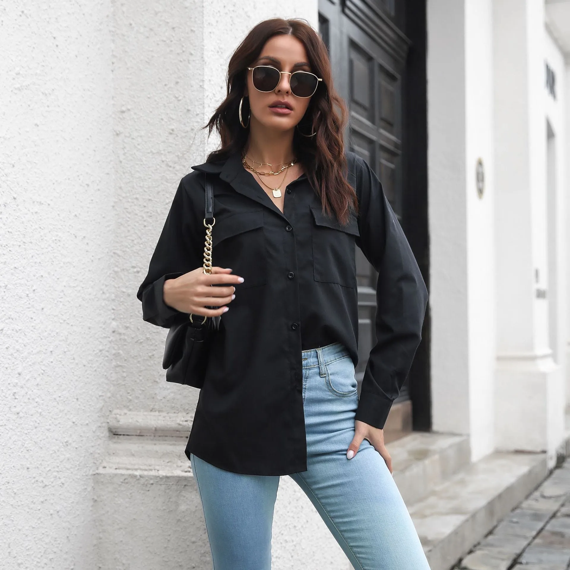 Asymmetrical Turn Down Collar Button Up With breast Pockets