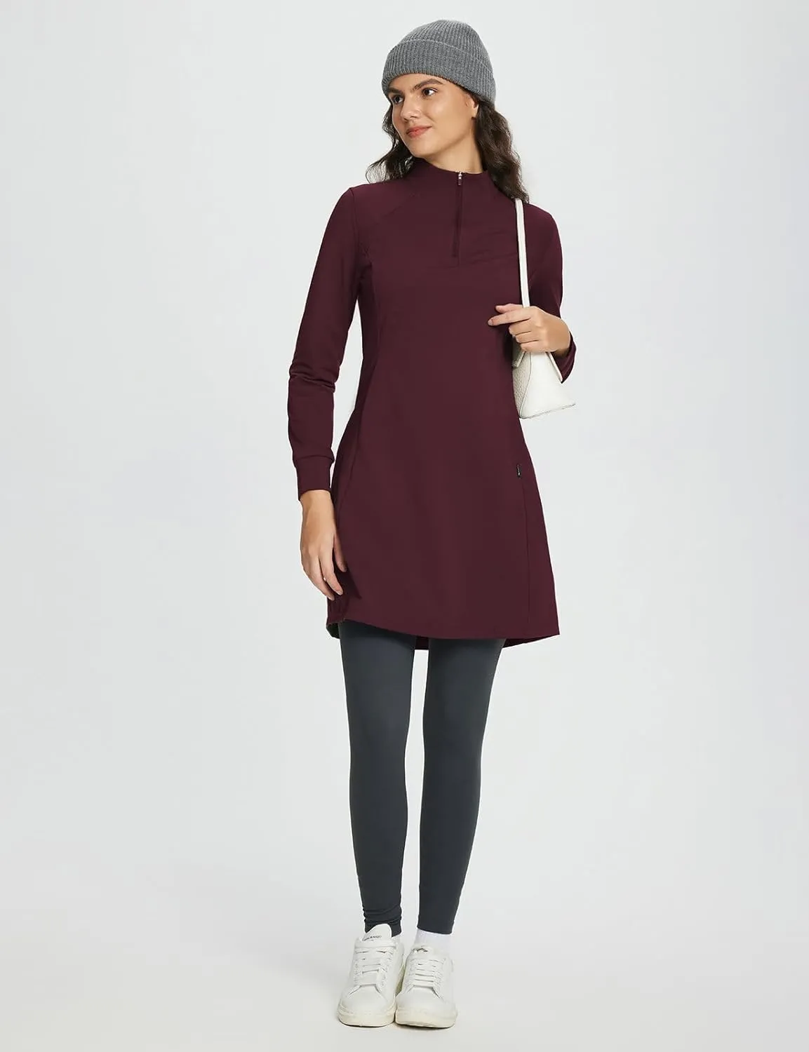 baleaf Women's Fleece Lined Dress Sweatshirt Dress Water Resistant Warm Quarter Zip Cover Up Winter Outdoor with Pocket