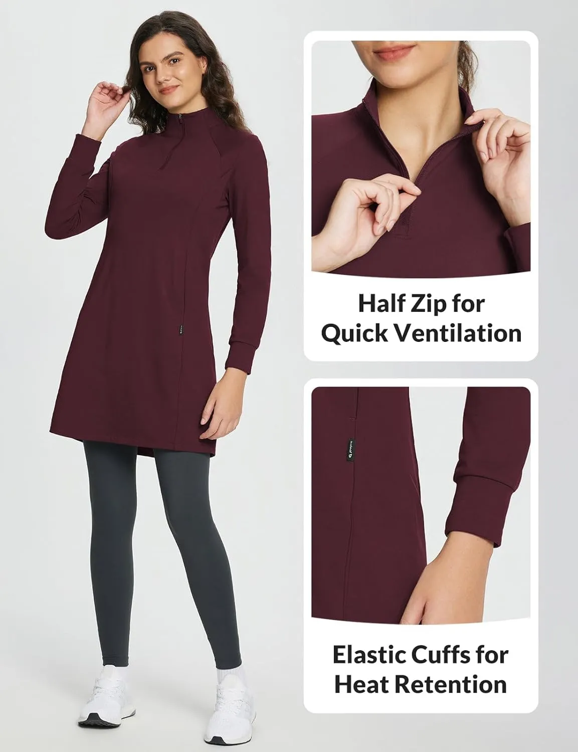 baleaf Women's Fleece Lined Dress Sweatshirt Dress Water Resistant Warm Quarter Zip Cover Up Winter Outdoor with Pocket