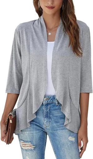 Bluetime Women's Casual Lightweight Open Front Cardigans Soft Draped Ruffles 3/4 Sleeve Cardigan (S-3XL)