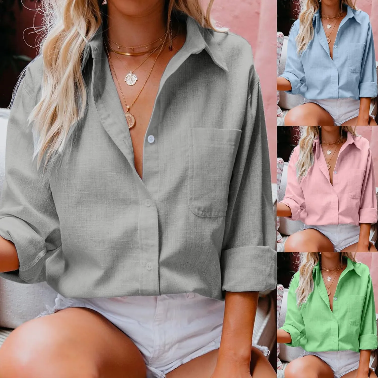 Casual Linen Button Down Shirts for Women Slim Fit Collared Long Sleeve Plain Tops Front Pocket Cotton Summer Blouses
