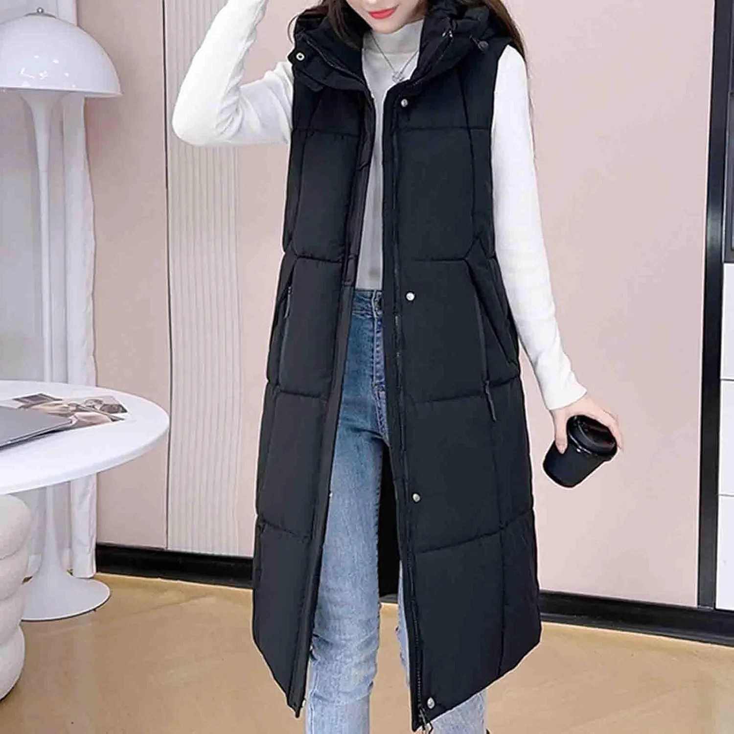 Cotton Long Puffer Vest for Women Hooded Sleeveless Quilted Down Jackets Winter Insulated Puffy Padded Gilet Coats