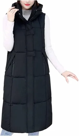 Cotton Long Puffer Vest for Women Hooded Sleeveless Quilted Down Jackets Winter Insulated Puffy Padded Gilet Coats