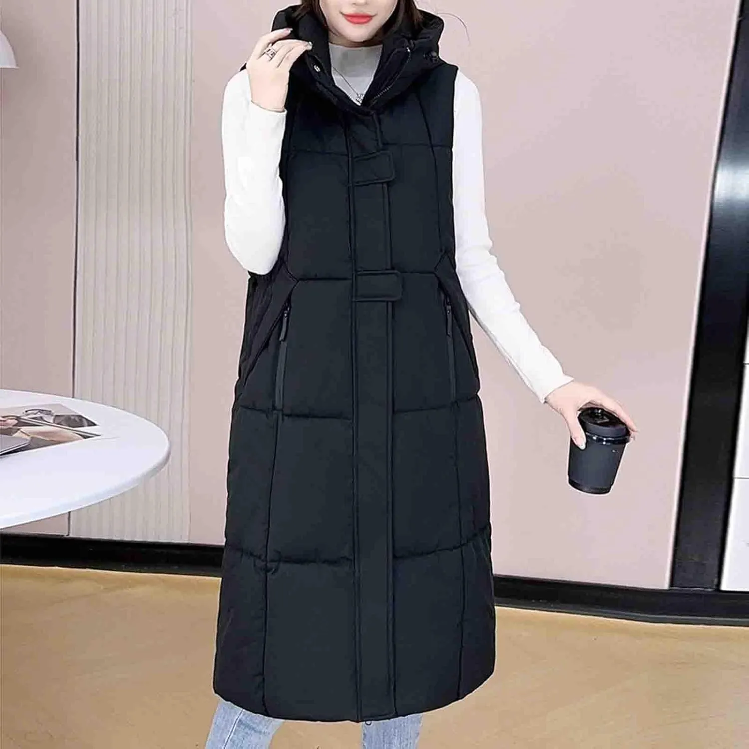 Cotton Long Puffer Vest for Women Hooded Sleeveless Quilted Down Jackets Winter Insulated Puffy Padded Gilet Coats
