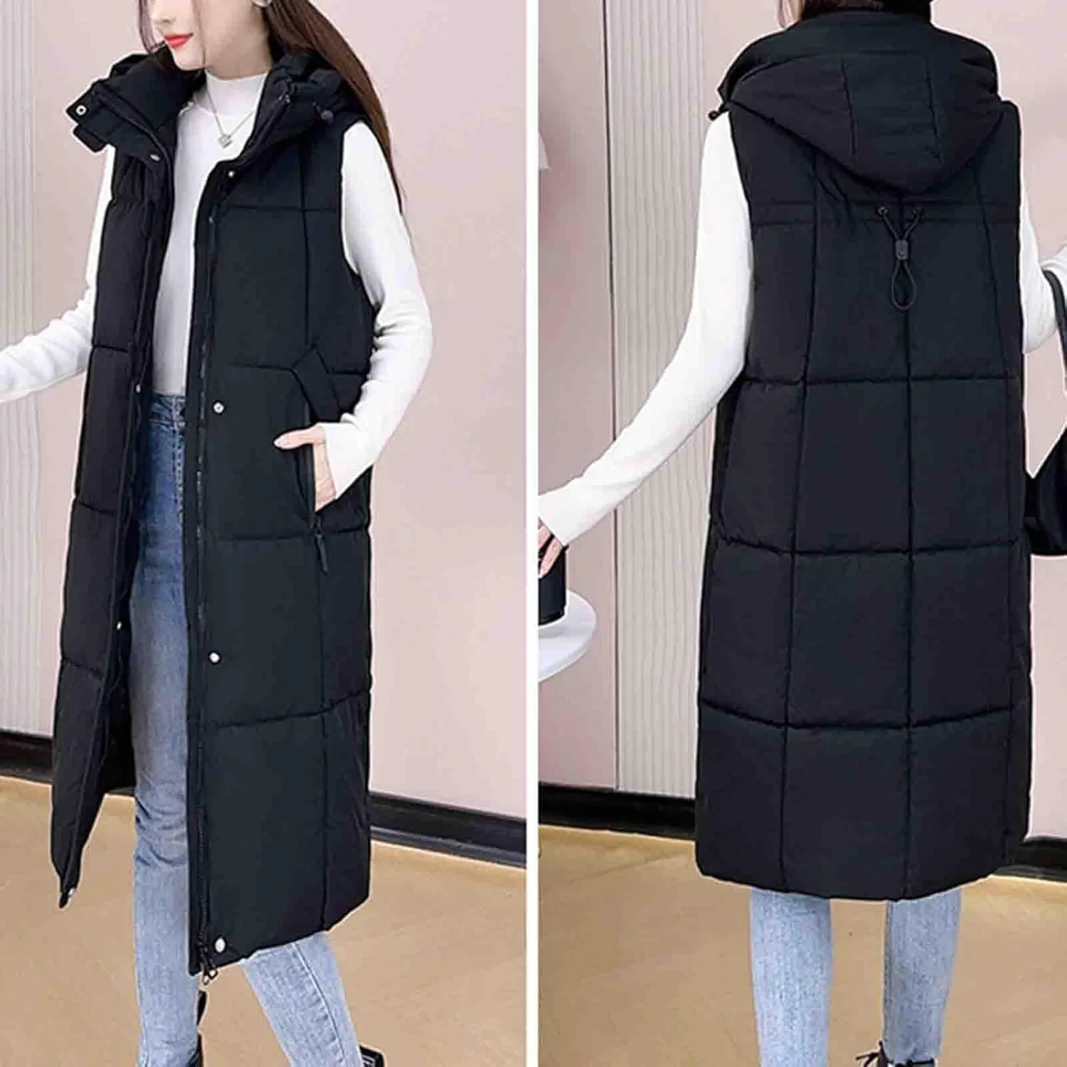 Cotton Long Puffer Vest for Women Hooded Sleeveless Quilted Down Jackets Winter Insulated Puffy Padded Gilet Coats