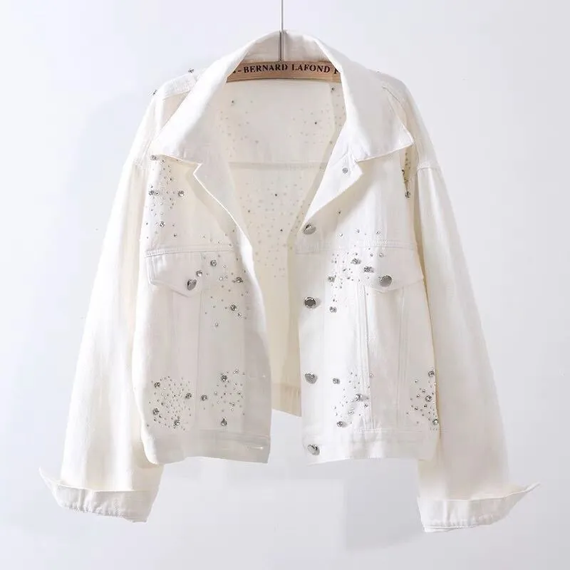 Denim Jacket Spring Autumn Short Coat Pink Jean Jackets Casual Tops White Purple Yellow Diamond Loose Outerwear