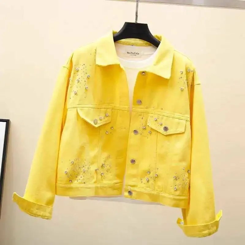 Denim Jacket Spring Autumn Short Coat Pink Jean Jackets Casual Tops White Purple Yellow Diamond Loose Outerwear