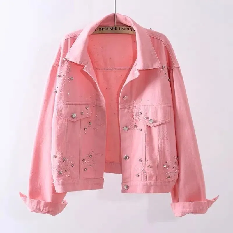 Denim Jacket Spring Autumn Short Coat Pink Jean Jackets Casual Tops White Purple Yellow Diamond Loose Outerwear
