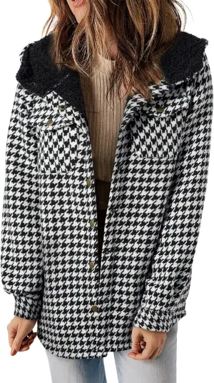 Dokotoo Womens Plaid Shacket Jacket Long Sleeve Button Down Fleece Hooded Jackets Warm Coat