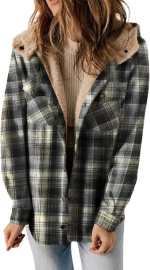 Dokotoo Womens Plaid Shacket Jacket Long Sleeve Button Down Fleece Hooded Jackets Warm Coat