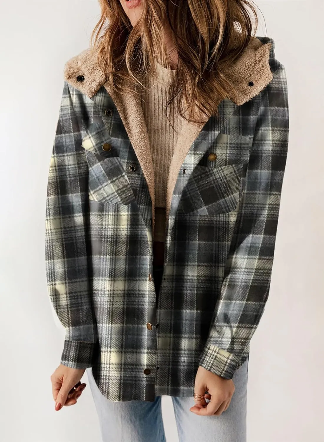 Dokotoo Womens Plaid Shacket Jacket Long Sleeve Button Down Fleece Hooded Jackets Warm Coat