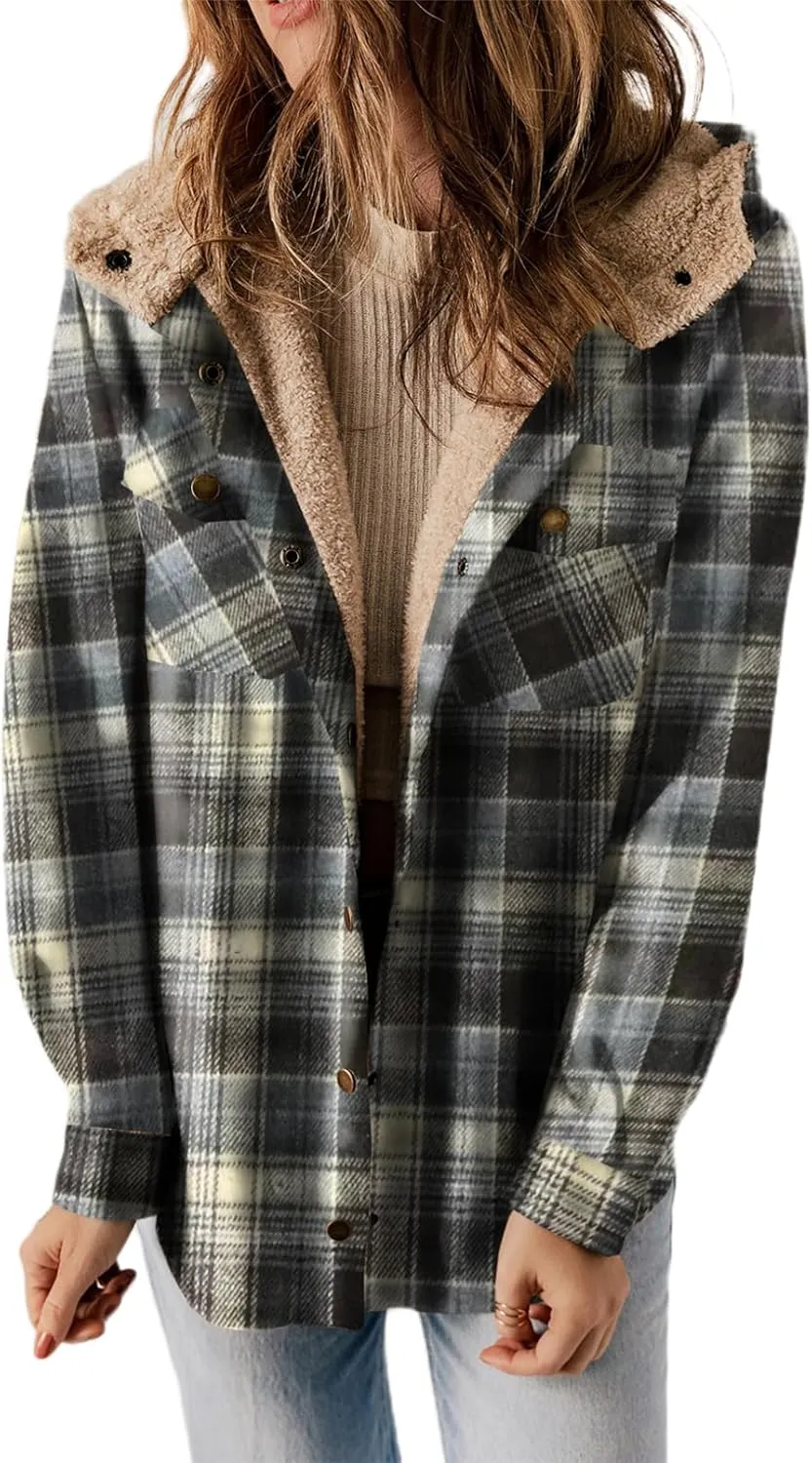 Dokotoo Womens Plaid Shacket Jacket Long Sleeve Button Down Fleece Hooded Jackets Warm Coat