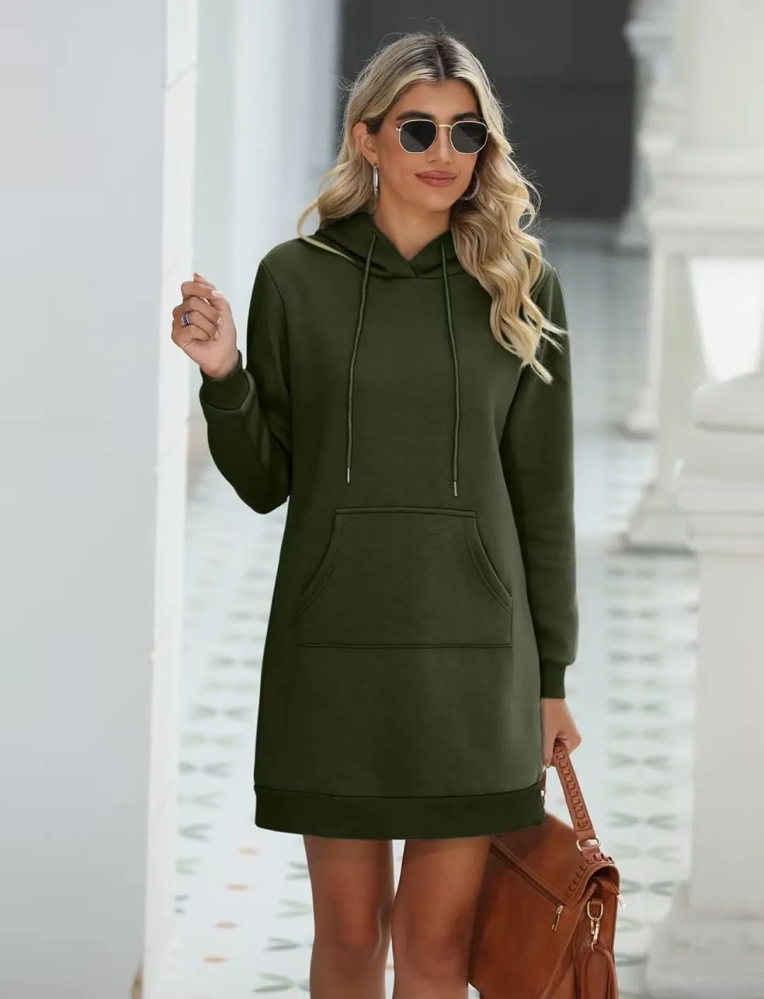 EADINVE Women's Color Block Hooded Sweatshirt Dress Lightweight Drawstring Long Sleeve Hoodie Dress with Kangaroo Pocket