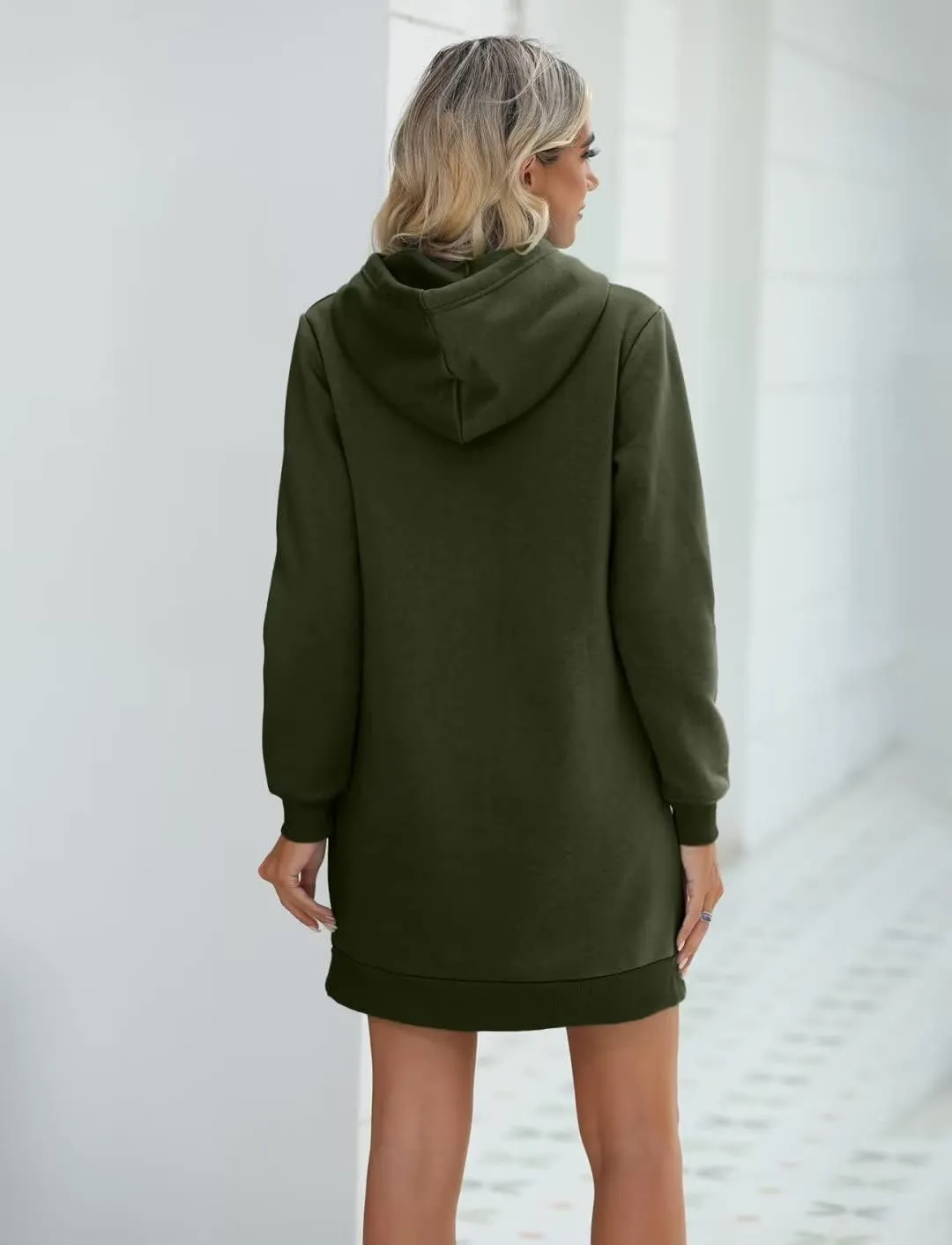 EADINVE Women's Color Block Hooded Sweatshirt Dress Lightweight Drawstring Long Sleeve Hoodie Dress with Kangaroo Pocket