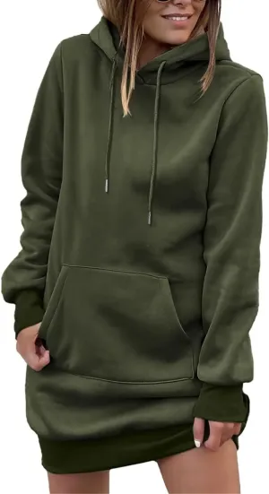 EADINVE Women's Color Block Hooded Sweatshirt Dress Lightweight Drawstring Long Sleeve Hoodie Dress with Kangaroo Pocket