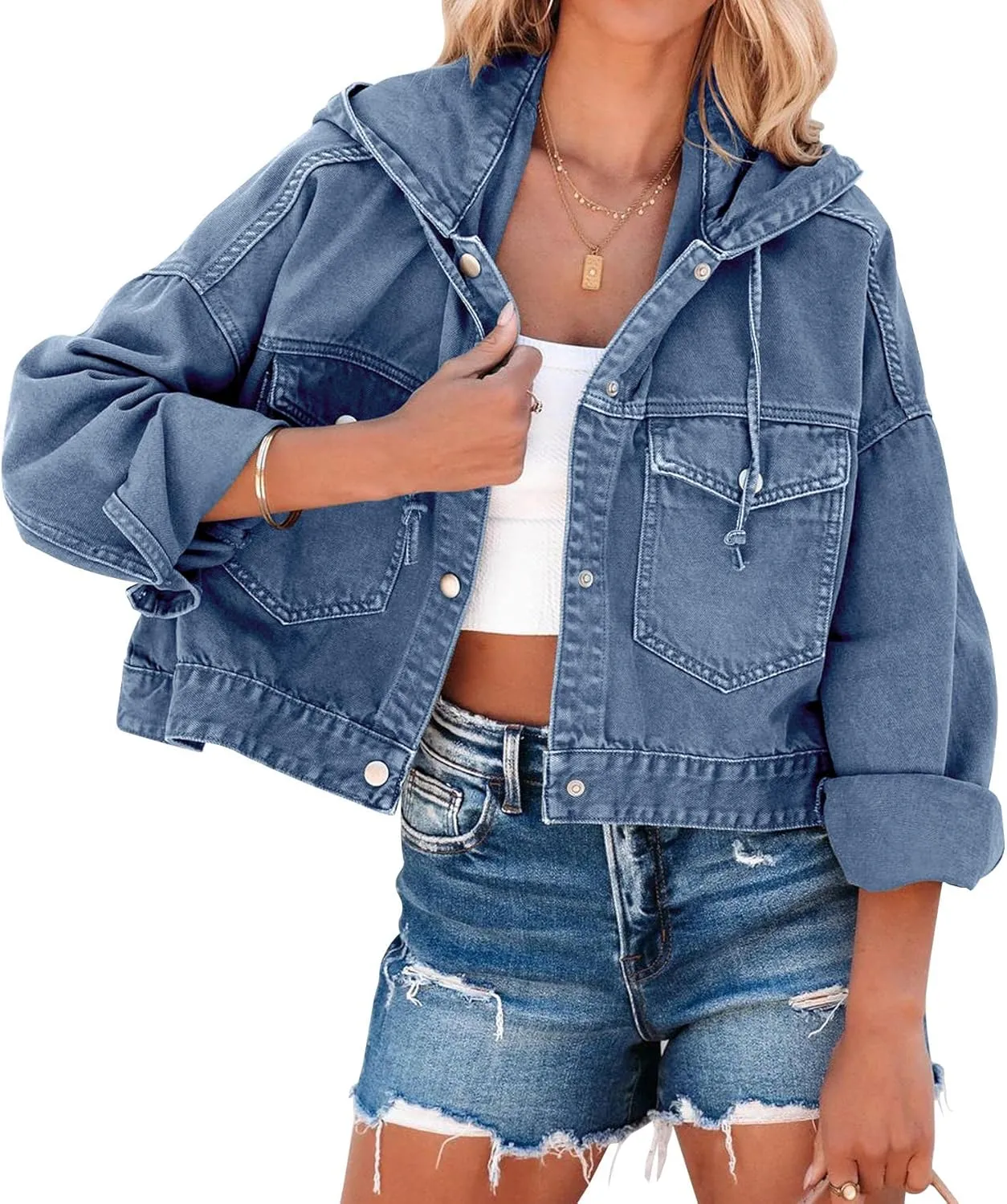 Ebifin Women's Oversized Denim Jacket Long Sleeve Button Down Hooded Jean Coat with Pockets