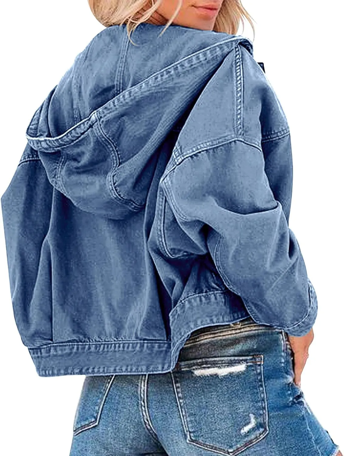Ebifin Women's Oversized Denim Jacket Long Sleeve Button Down Hooded Jean Coat with Pockets