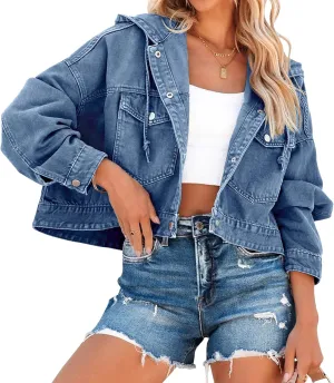 Ebifin Women's Oversized Denim Jacket Long Sleeve Button Down Hooded Jean Coat with Pockets