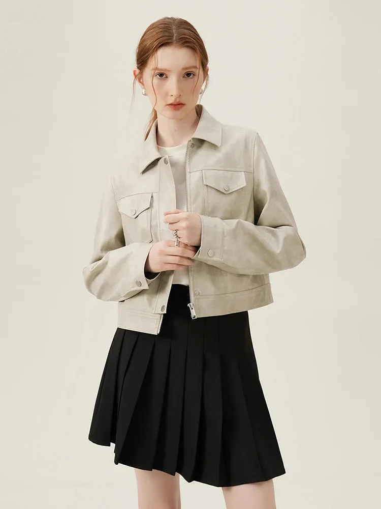 Fashionkova  PU Leather Women 2024 Spring Short Brown Jackets Turn-down Collar Zipper Placket Female Beige Grey pu Coats 24FS11081