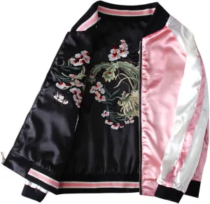 Floral Satin Sukajan Harajuku Embroidery Baseball Jacket Women Double Sided Bomber Coat,Pink,XL
