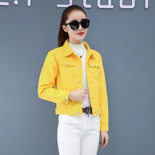 (Free Shipping) Jeans Jacket and Coats for Women Autumn Candy Color Casual Short Denim Jacket