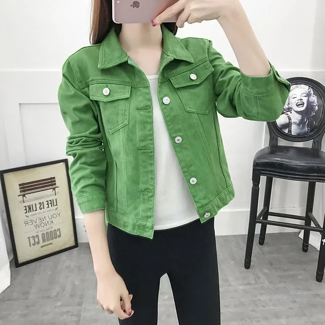 (Free Shipping) Jeans Jacket and Coats for Women Autumn Candy Color Casual Short Denim Jacket
