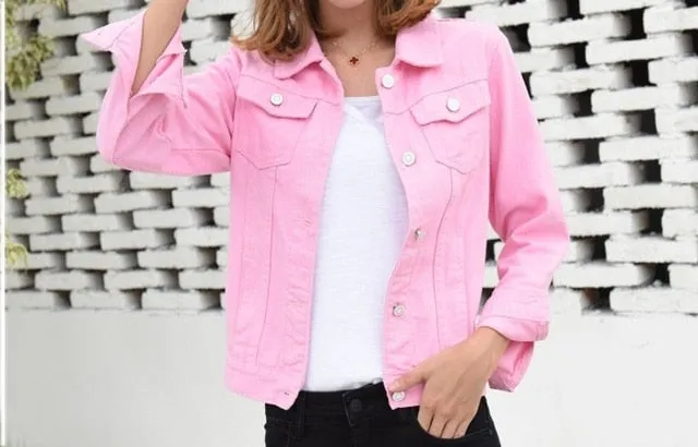 (Free Shipping) Jeans Jacket and Coats for Women Autumn Candy Color Casual Short Denim Jacket