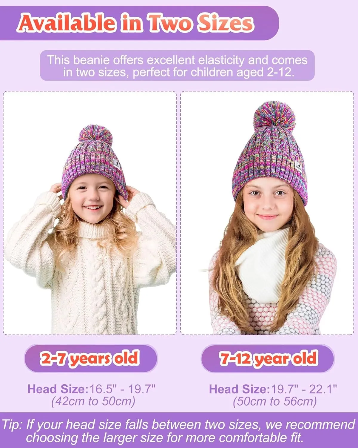HAITHO Kids Toddler Winter Hat with Pom Pom, 2 Size Kids Beanie Hats for Girls Boys, Cute Warm Fleece Lined Knit Beanies Cap
