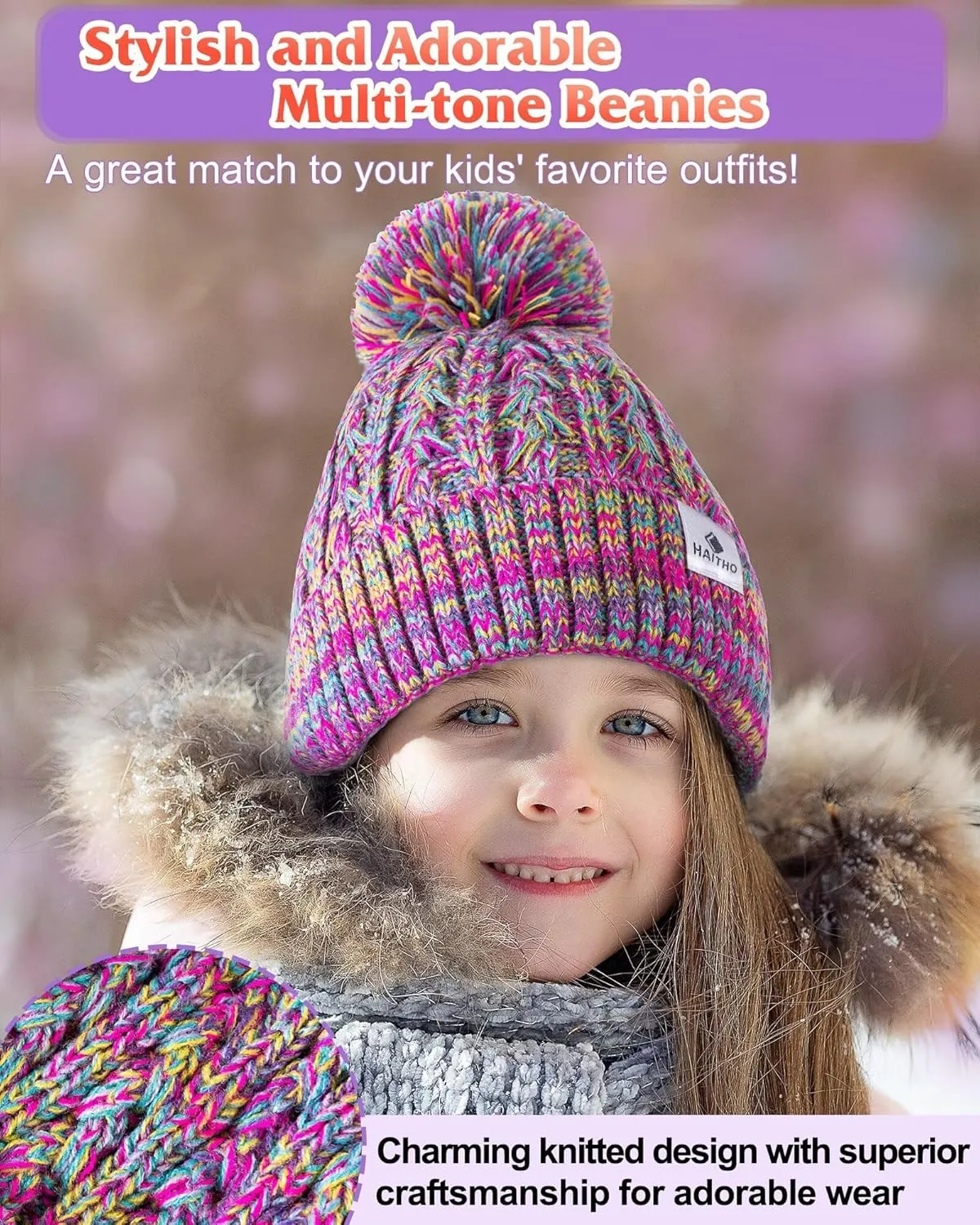 HAITHO Kids Toddler Winter Hat with Pom Pom, 2 Size Kids Beanie Hats for Girls Boys, Cute Warm Fleece Lined Knit Beanies Cap